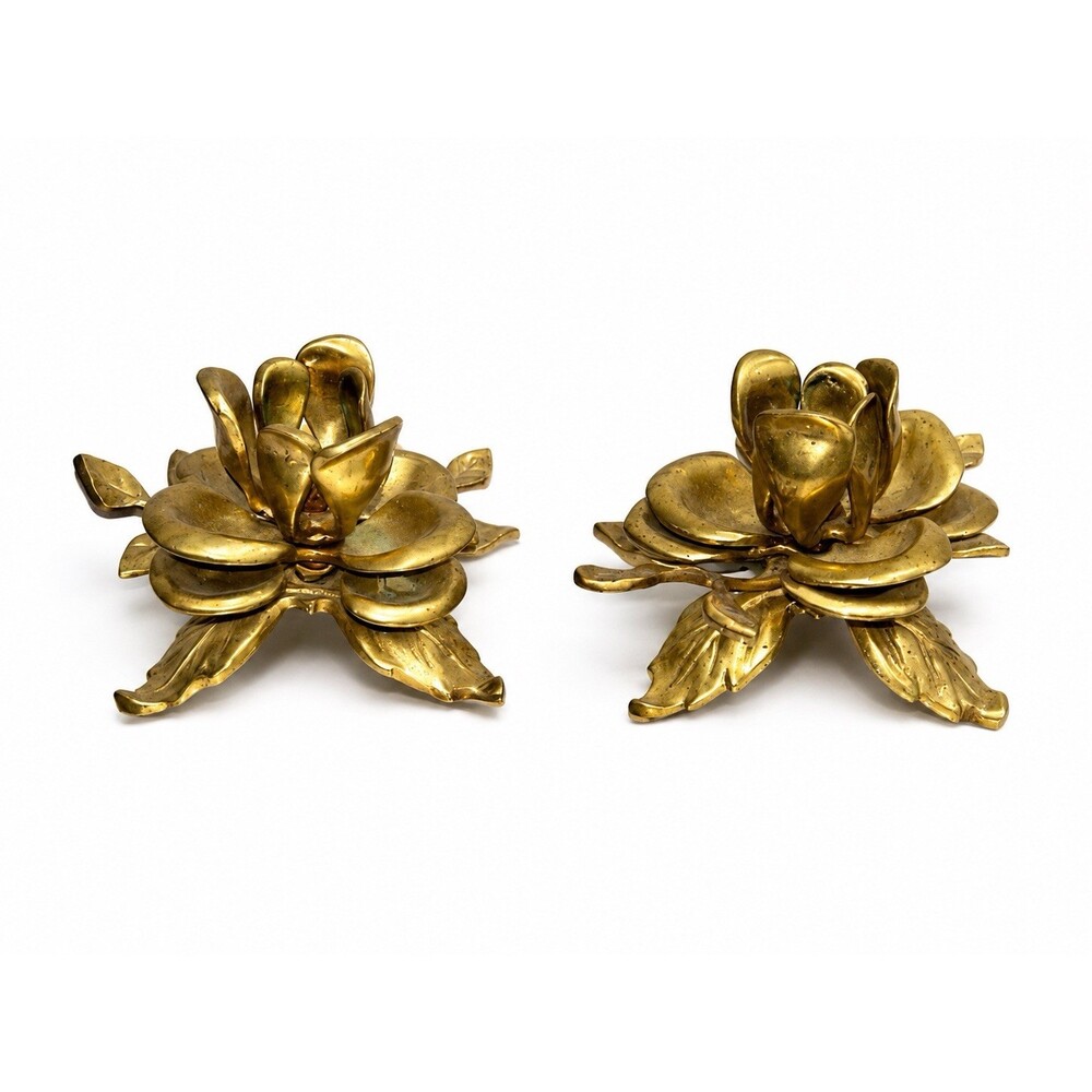 Vintage Brass Lotus Flower Candle Holders Set of 2 Hollywood Regency Decor